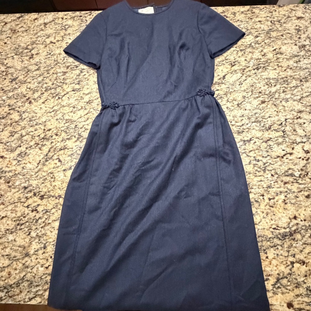 Vintage Royal Lynne Navy Blue Sheath Dress Frog Closures Wool Size 14 ws